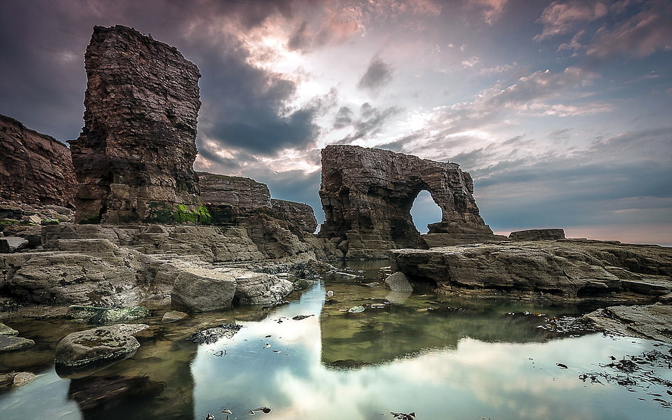 brown rock formation, nature, reflection, rock, sky HD wallpaper