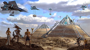 illustration of pyramids and aliens, pyramid, fantasy art, futuristic