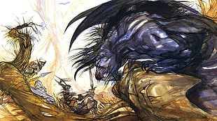 yellow and purple abstract painting, drawing, Final Fantasy, Yoshitaka Amano, Behemoth
