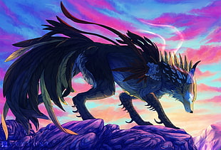 black wolf illustration, wolf, Favetoni, mountains, illustration HD wallpaper