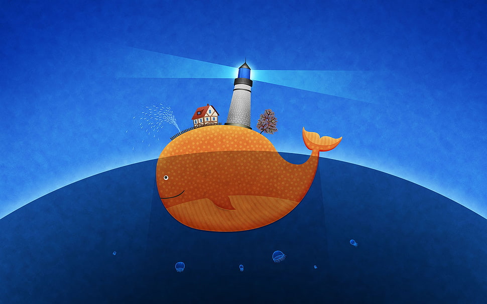 round brown wooden table decor, whale, lighthouse, artwork, Vladstudio HD wallpaper