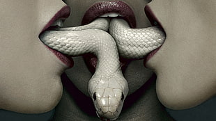 white snake coming out on mouth of three person