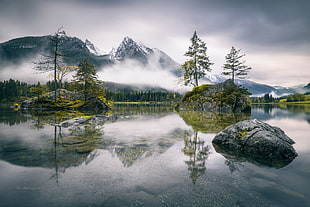 landscape photography of lake near foggy mountain, mountains, reflection, nature, trees