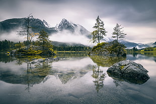 landscape photography of lake near foggy mountain, mountains, reflection, nature, trees