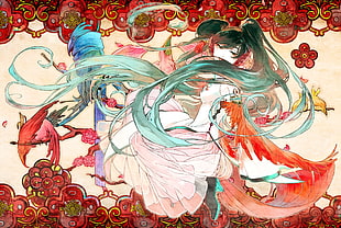 green haired anime character in white dress painting HD wallpaper