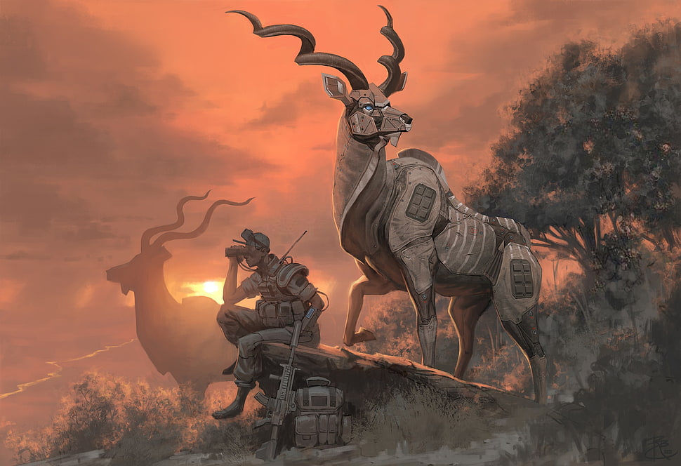 gray deer illustration, deer, fantasy art, artwork HD wallpaper