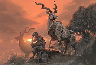 gray deer illustration, deer, fantasy art, artwork