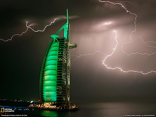 Burj Al-Arab Dubai, National Geographic, Burj Al Arab, lightning, building HD wallpaper