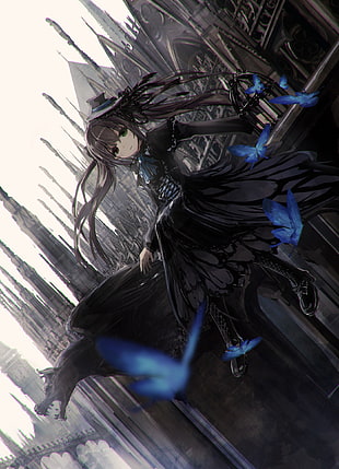 long black haired female anime character wallpaper, Gothic, loli, butterfly, Gothic architecture