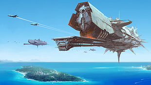 gray battleship, spaceship, futuristic, aircraft, science fiction