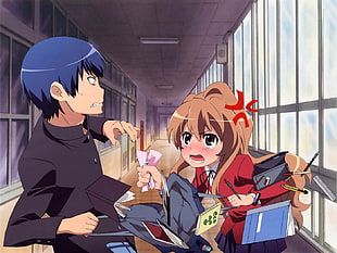 male and female anime students inside building