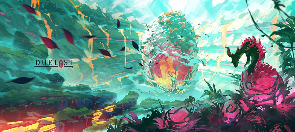 pink and green forest illustration, video games, Duelyst, artwork, digital art HD wallpaper