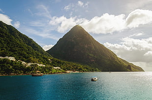 body of water beside mountain, nature, mountains, sea, boat