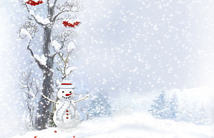 Snowman near tree on snow field
