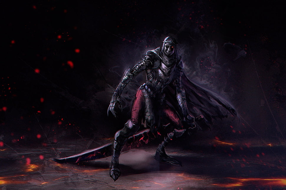 character illustration, skeleton, lava, sword, armor HD wallpaper