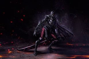 character illustration, skeleton, lava, sword, armor
