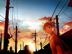 Teddy from Persona 4, power lines, headphones, Vocaloid, Kagamine Len