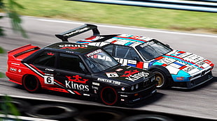 two black, red, and blue stock cars, BMW E30, bmw m1, race cars, racing