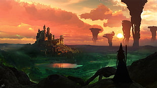 silhouette of witch facing castle during golden hour poster