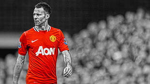 men's red Nike AON soccer jersey, Ryan Giggs, Manchester United , men, selective coloring HD wallpaper
