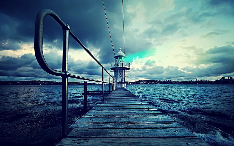 brown dock with white lighthouse HD wallpaper