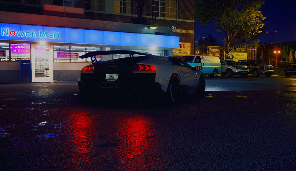 white Lamborghini Aventador coupe, Need for Speed, Lamborghini Murcielago LP640-4, night, drift HD wallpaper