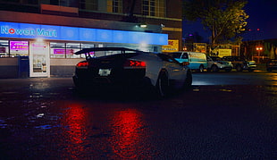 white Lamborghini Aventador coupe, Need for Speed, Lamborghini Murcielago LP640-4, night, drift