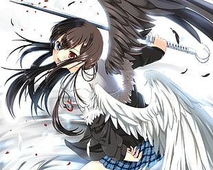 female anime character holding sword with odd-eye and black and white angel wings