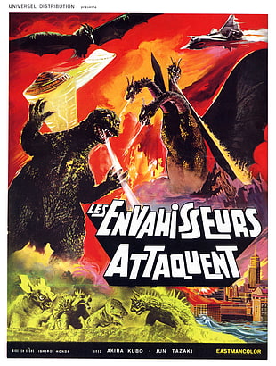 Les Envahissfurs Attaquent digital wallpaper screenshot, Godzilla, movie poster