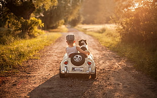 white ride-on toy car, children, dog, car, lights