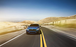 blue BMW vehicle, BMW, road, car, BMW M5 HD wallpaper