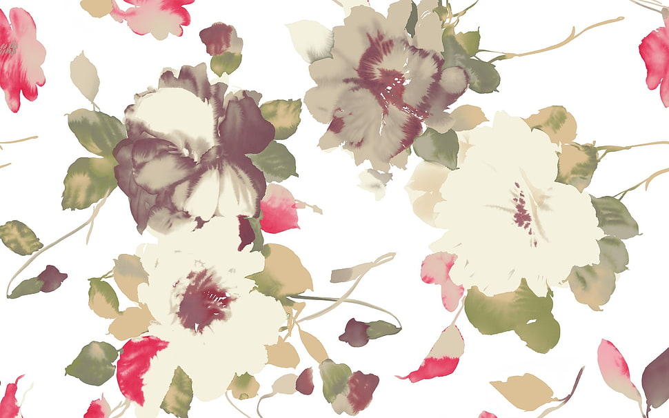 painting of white, red, and gray flowers HD wallpaper