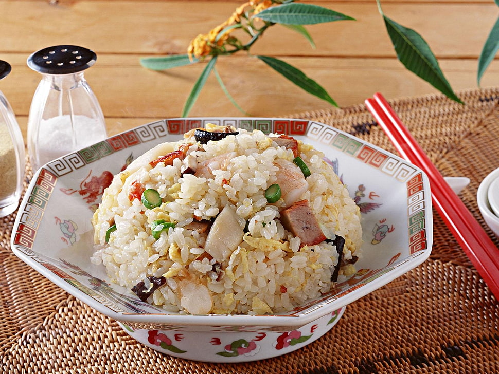 fried rice on multicolored bowl with red chapsticks HD wallpaper