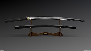 grey katana sword with sheath and stand, katana HD wallpaper