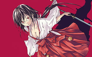 black haired anime character in white and red dress HD wallpaper