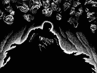 Berserk Guts illustration, Berserk, Guts, Kentaro Miura, monochrome