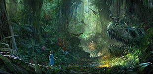 girl with blue dress walks in forest with dinosaurs digital wallpaper HD wallpaper
