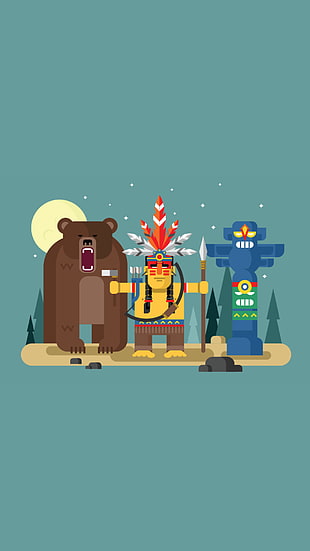 native american and bear illustration, illustration