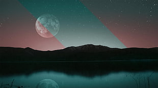 silhouette image of landscape below moon wallpaper, abstract, Moon, digital art, sky