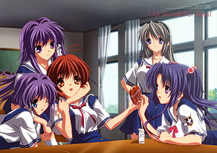 five female anime character in school shirt HD wallpaper
