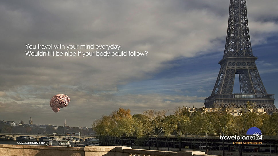 Travelplanet 24 poster, artwork, Eiffel Tower, brain, Paris HD wallpaper