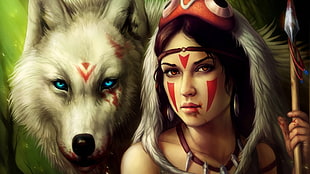 white wolf and woman illustration HD wallpaper