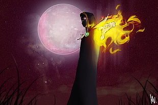 man wearing cloak with burning arm graphic wallpaper, warlocks, Warlock, fire, Halloween