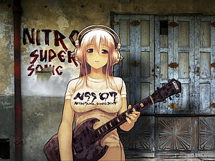 female anime character holding guitar wearing white crew-neck t-shirt digital wallpaper