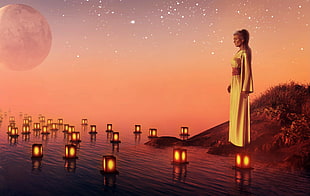 woman in white empire waist dress with lanterns on body of water illustration