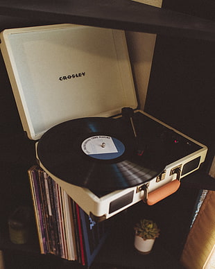 white portable turntable, Vinyl record player, Vinyl record, Retro