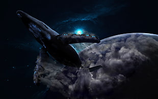 gray airplane, space, whale, science fiction