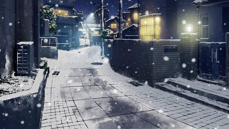 animated snow-covered road and houses graphic wallpaper, snow, night, city, Japan HD wallpaper