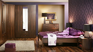 purple-and-brown themed bedroom set