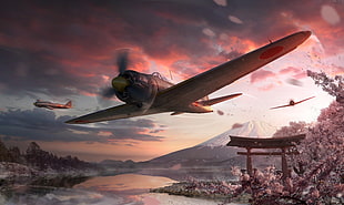 biplanes near mountain peak and Torii gate, Japan game digital wallpaper HD wallpaper